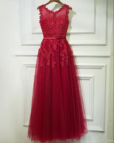 Sexy Wine Red Long Tulle Lace Prom Dress,Evening Dress