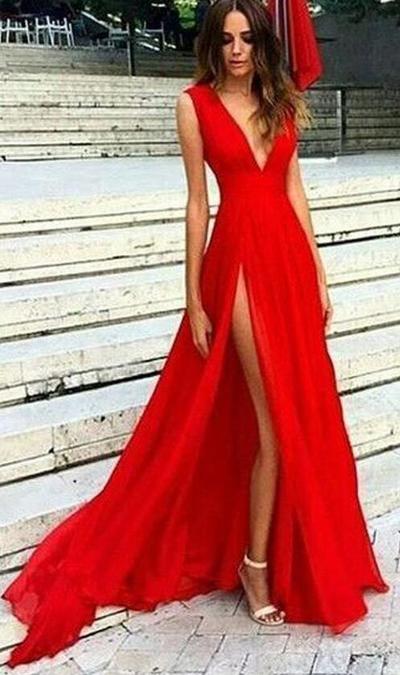 Sexy V-neckline Split Red Prom Dresses Formal Dress