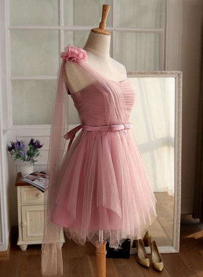 One Shoulder Pink Tulle Bridesmaid Dress,Prom Dress