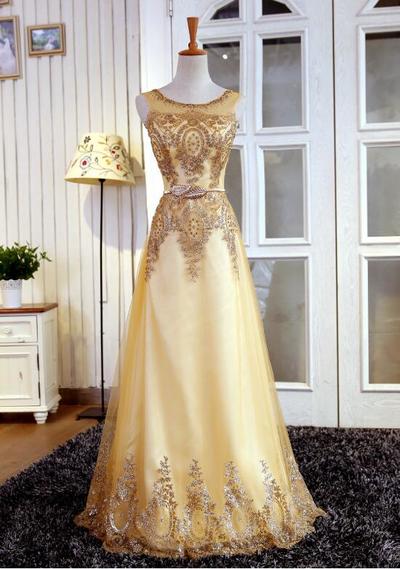 A Line Gold Long Prom Dress,Evening Dress with Beading