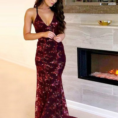 Charming mermaid halter cross back burgundy sequins long prom dresses,elegant evening party gown - Thumbnail 5