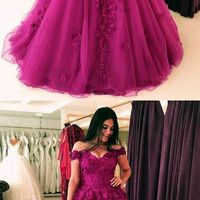 Chic A-Line Off the Shoulder Rose Red Lace Long Prom Dresses,Prom Gown,Evening Party Dresses,Formal Dresses - Thumbnail 1