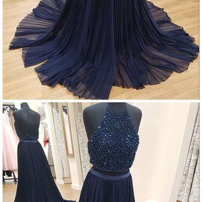 Unique a-line prom dresses,two piece prom dresses,navy blue evening party dresses with beading - Thumbnail 5