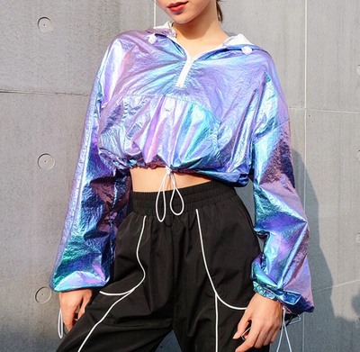 Hologram Metallic Zip Hoodie Crop Top