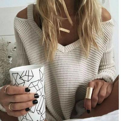 Moonshine ribbed v neck long sleeves loose waffle knit flared sweater - Thumbnail 5