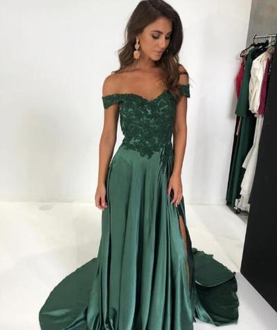 Dark Green Prom Dresses Long Cheap Off the Shoulder Lace Appliques Spandex Formal Evening Gowns Sweet 16 Party Ball Dress
