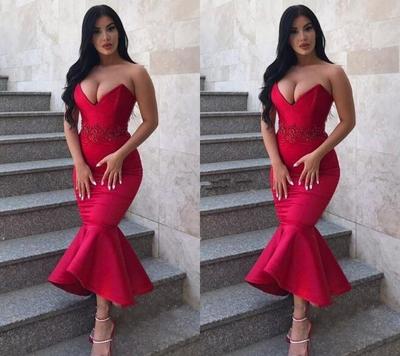 Sexy Mermaid Red Long Prom Dresses Sweetheart Lace Appliques Tea Length Evening Wear Formal Party Gowns
