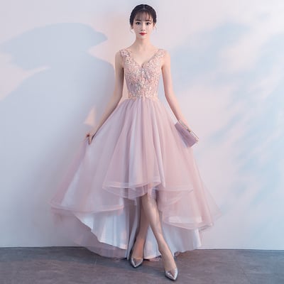 Pink v neck tulle lace prom dress, high low evening dress - Thumbnail 5