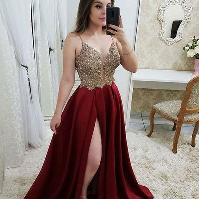 Spaghetti straps burgundy split side prom dresses with beaded - Thumbnail 4