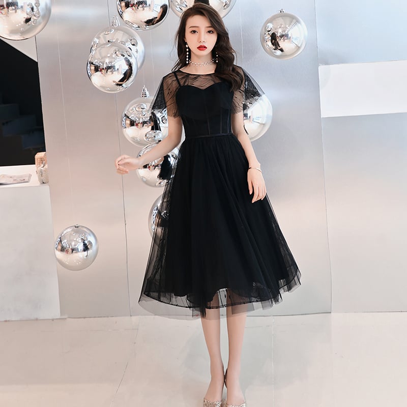 Cute black tulle short prom dress, black homecoming dress