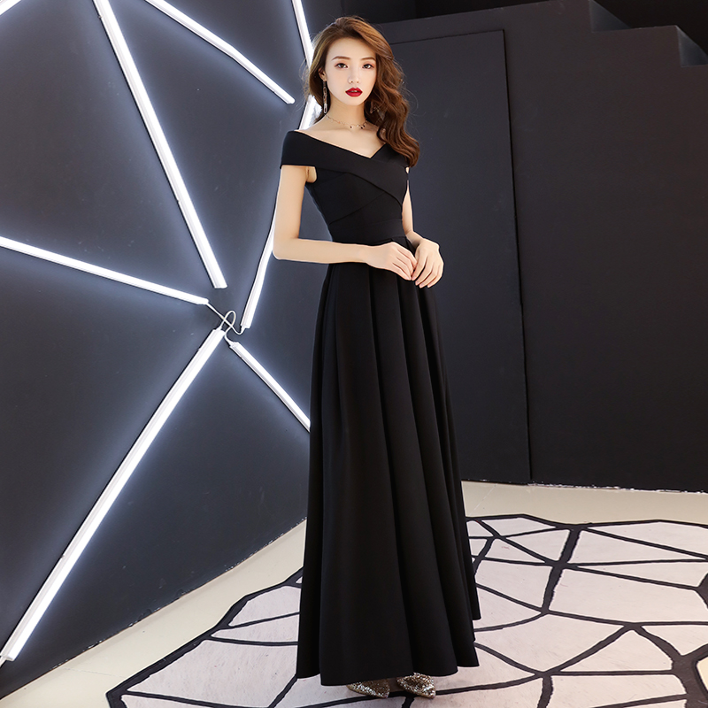 Simple black v neck long prom dress, black evening dress