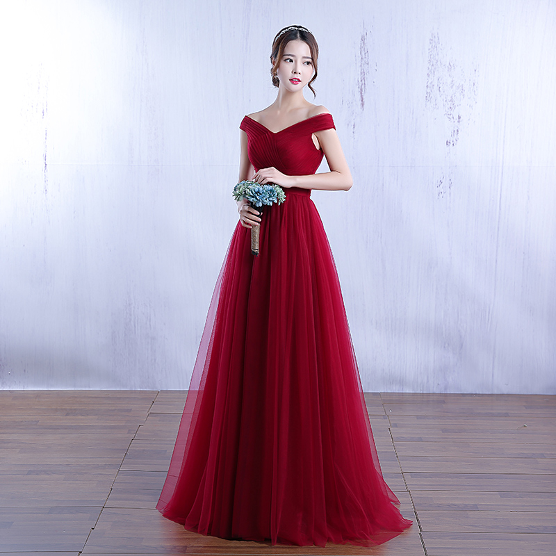 Simple burgundy v neck tulle long prom dress, evening dress
