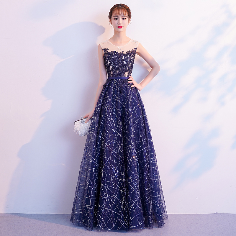 Dark blue round neck sequins long prom dress, evening dress