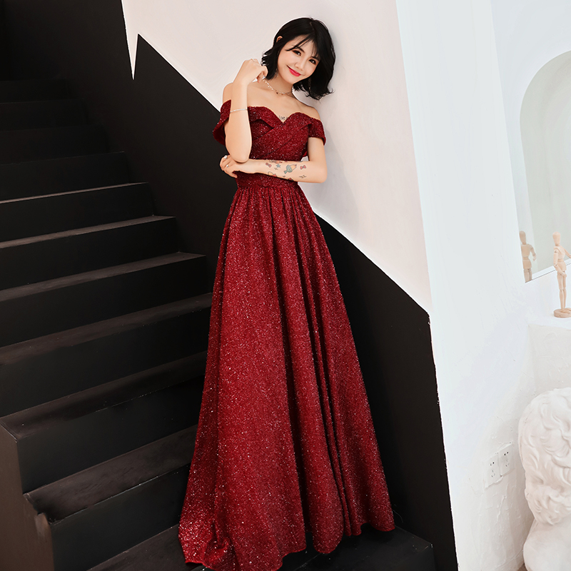 Burgundy sequins v neck long prom dress, evening dress