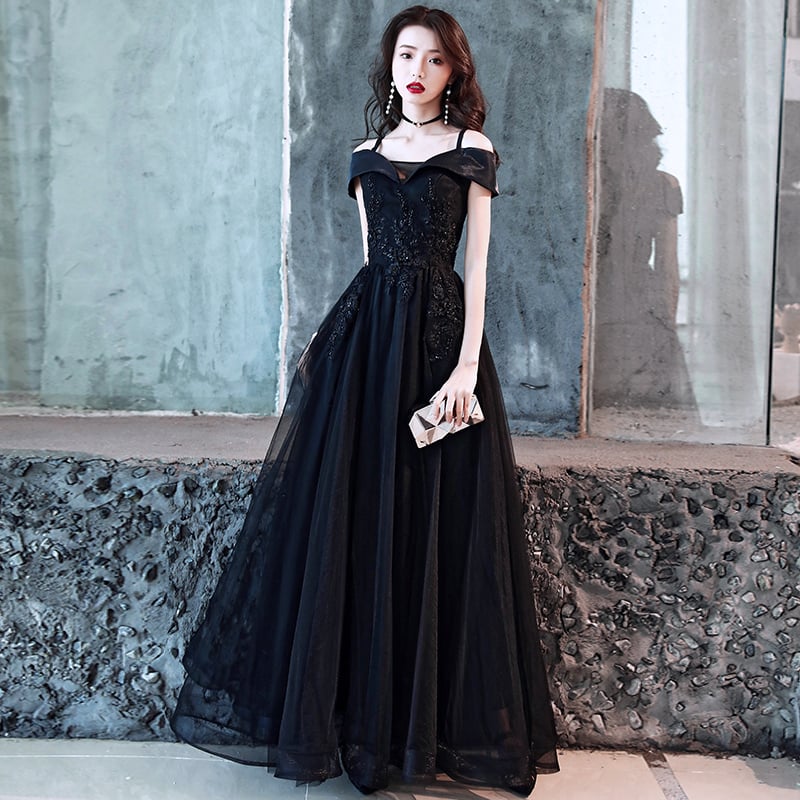 Black A line v neck tulle long prom dress, black evening dress