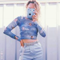 High Collar See-Through Little Angle Printed Mesh Top - Thumbnail 1