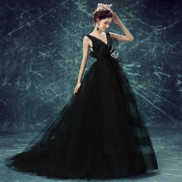 Black v neck tulle long prom dress, black evening dress