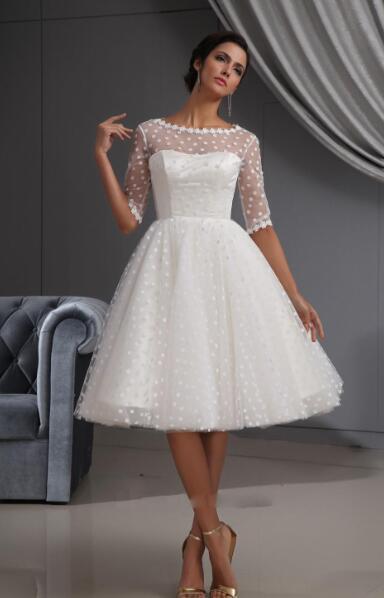 Knee Length Half Sleeve Illusion Neckline Spot Tulle Overlay Satin linling vestido de novia short polka dots wedding dresses