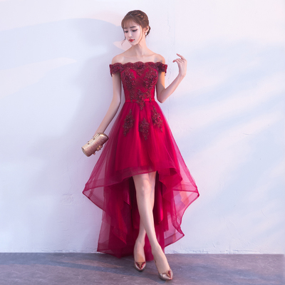 Burgundy lace tulle high low prom dress, homecoming dress - Thumbnail 5