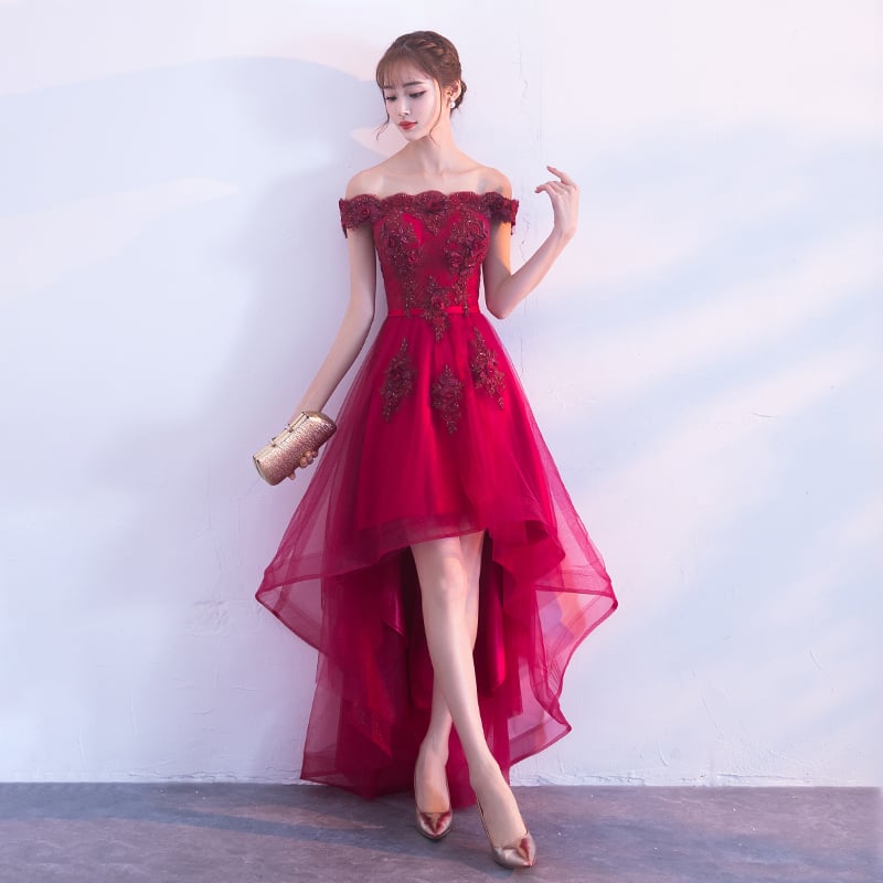 Burgundy lace tulle high low prom dress, homecoming dress