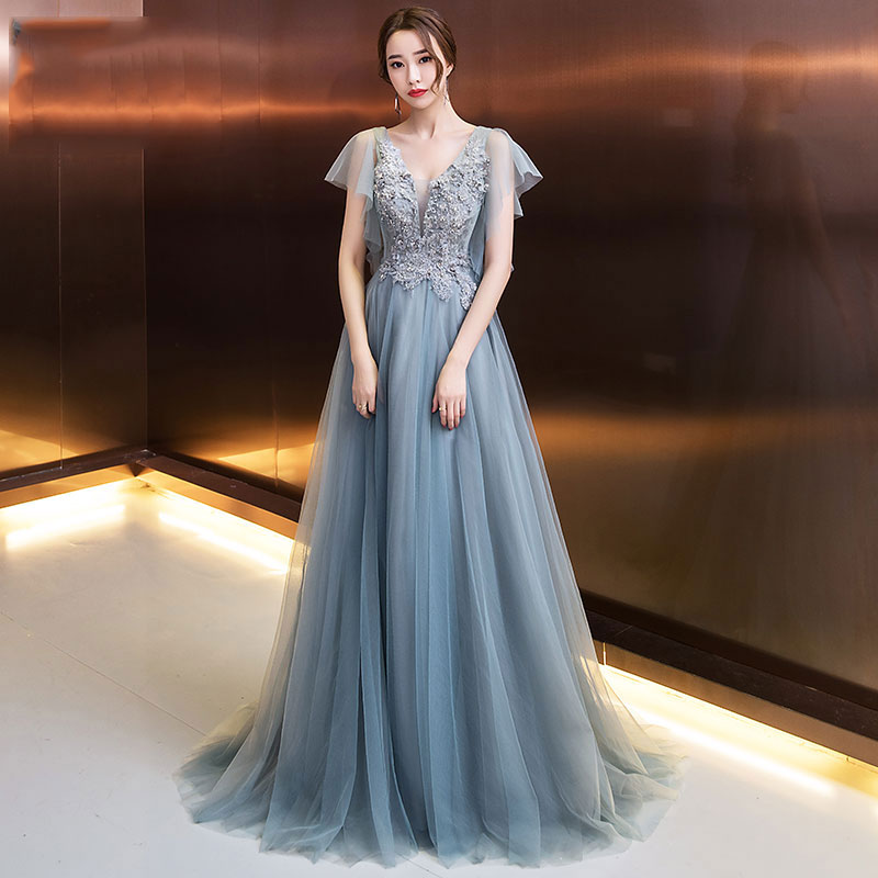 Gray v neck tulle lace long prom dress, lace evening dress