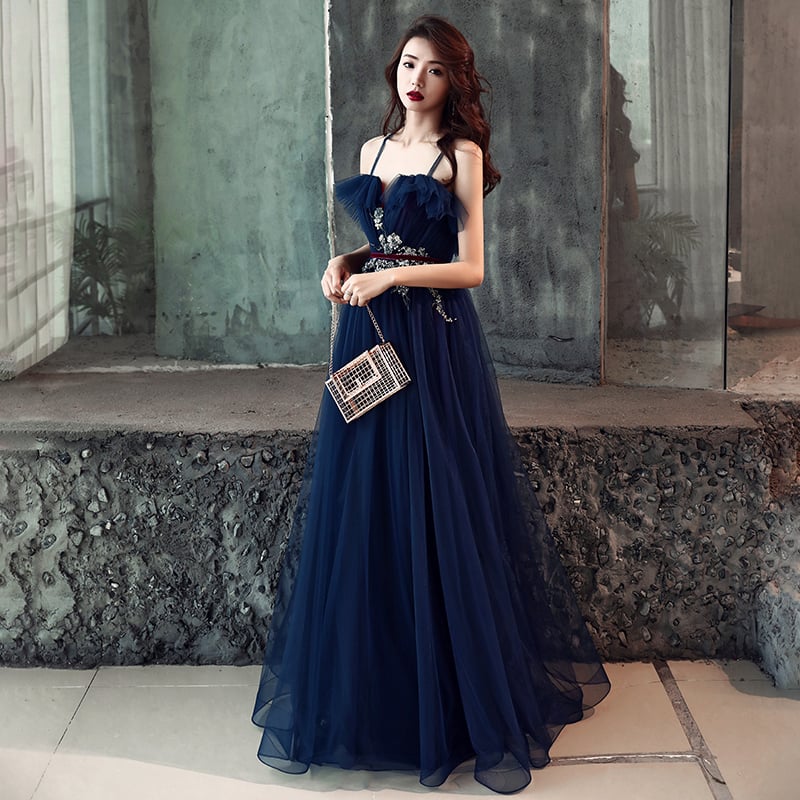 Dark blue tulle long prom dress, evening dress