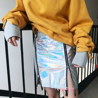 Hologram PU Leather Silver Metallic Party Skirts with Zip - Thumbnail 1