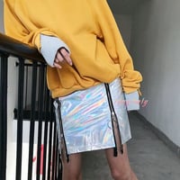 Hologram PU Leather Silver Metallic Party Skirts with Zip - Thumbnail 2