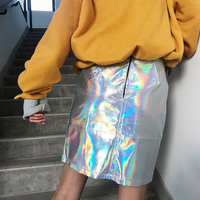 Hologram PU Leather Silver Metallic Party Skirts with Zip - Thumbnail 3