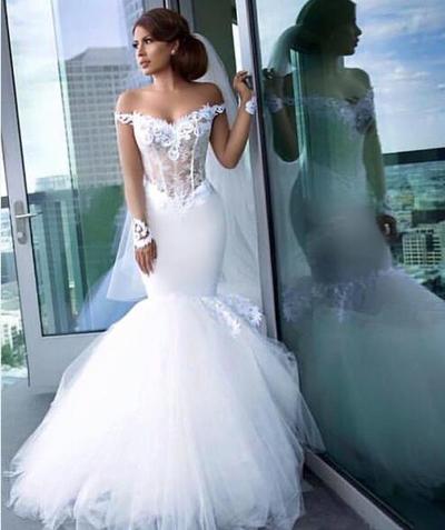 Gorgeous Mermaid Off the Shoulder Sheer Long Sleeve Wedding Dresses Sexy Illusion Bodices Low Back Cathedral Train vestidos de novia Gowns