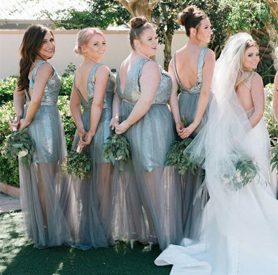 Charming V Neck Sequined Floor Length Bridesmaid Dresses