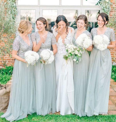 Short SleevesV Neck Long Bridesmaid Dresses with Sequins
