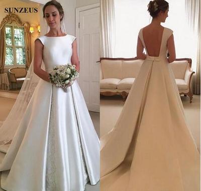 Satin Wedding Dresses A Line Cap Sleeve Sexy Backless Bridal Gowns With Lace vestido de novia manga larga