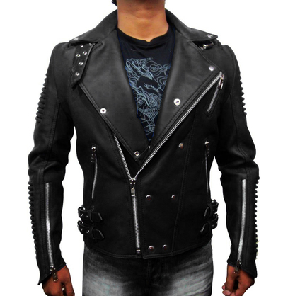 Handmade Biker Jacket, Men's Black Zipper Studded Leather Jacket