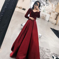 Velvet Burgundy Long Sleeves Prom Dresses with Pockets - Thumbnail 1
