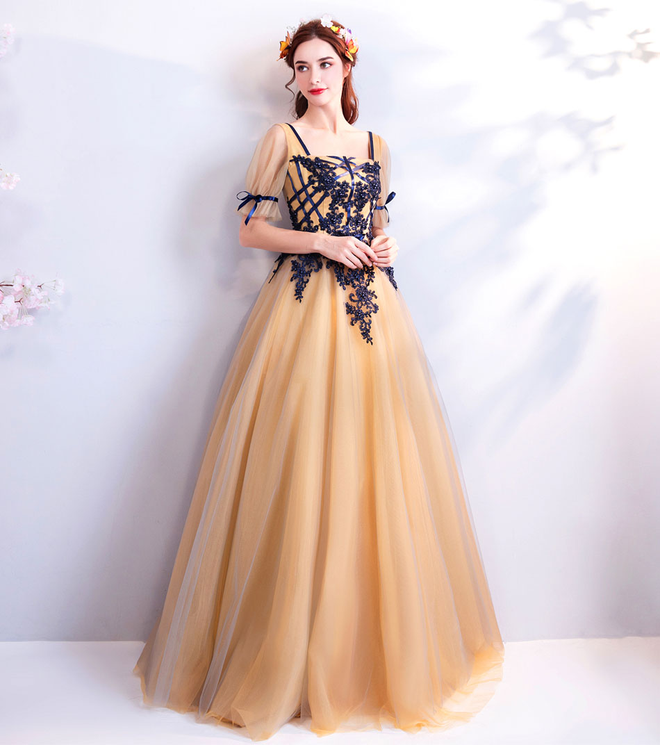 Champagne tulle lace long prom dress, evening dress