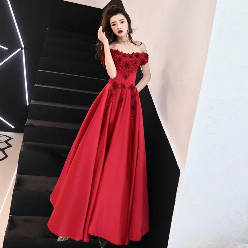 Burgundy satin applique long prom dress, evening dress