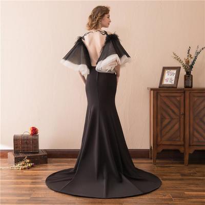 Backless Long Mermaid Evening Dresses New Scoop Neck 1/2 Sleeve Feather Tull Formal Prom Gown Party Dress Custom Made