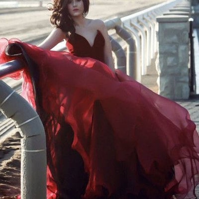 Sweetheart organza long burgundy prom dresses - Thumbnail 4