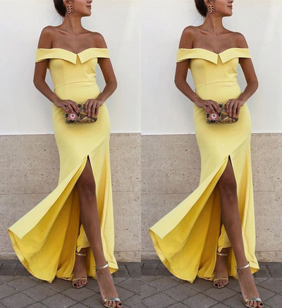 Daffodil Off the Shoulder Split Side Long Prom Dresses