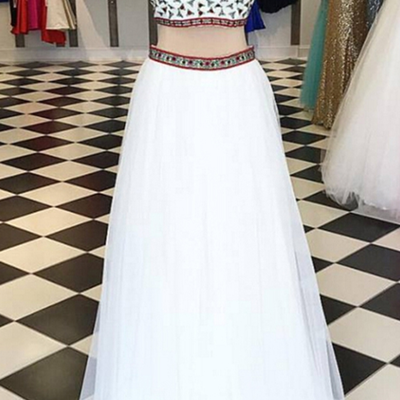 A-line two piece white tulle prom dress with embroidery - Thumbnail 5