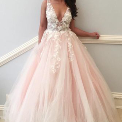V neck pink tulle lace long prom dress,princess evening party gown - Thumbnail 4