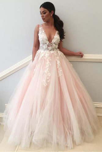V Neck Pink Tulle Lace Long Prom Dress,Princess Evening Party Gown