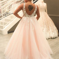 V Neck Pink Tulle Lace Long Prom Dress,Princess Evening Party Gown - Thumbnail 1