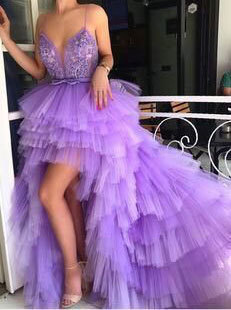 Spaghetti Straps Hi Low Lanvender Prom Dresses with Appliques