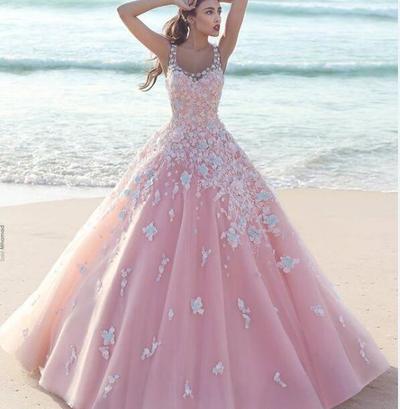 Sweet Pink Prom Dresses Lace Applique A Line Formal Evening Gowns With Scoop Neck Zip Back Floor Length Custom Made Party Gowns