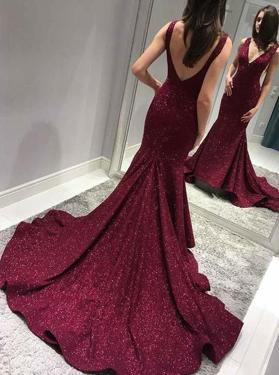 Sexy Backless Maroon Sequin Mermaid Long Evening Prom Dresses