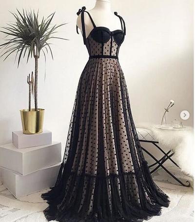 1950S Vintage A Line Prom Dresses Sweetheart Black Polka Dots Evening Formal Gowns