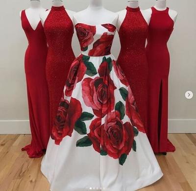 Floral Print Ball Gown Prom Dresses Strapless Red Big Rose Evening Formal Gowns