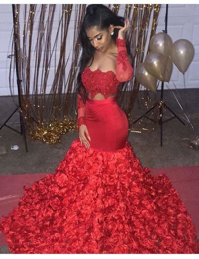 Red Mermaid African Girl Prom Dresses Lace Bodice Red Rose Lace Evening Formal Gowns